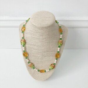 NWT Genuine Murano Glass, Pearls & Czech Crystal Beaded Necklace Green Orange